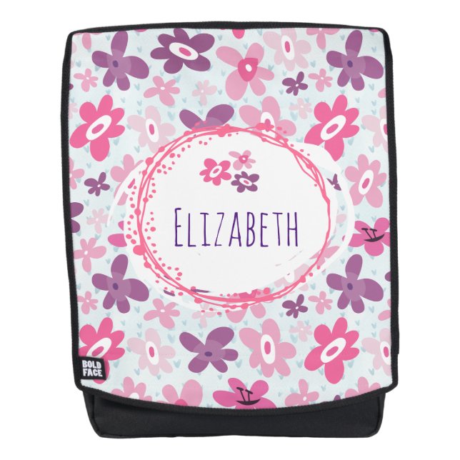 Pink Flowers and Blue Hearts Cute Personalised Backpack (Front)