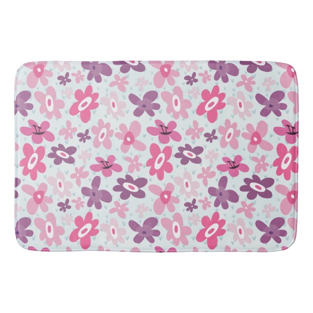 Pink Flowers and Blue Hearts Cute Whimsical Bath Mat (Front)