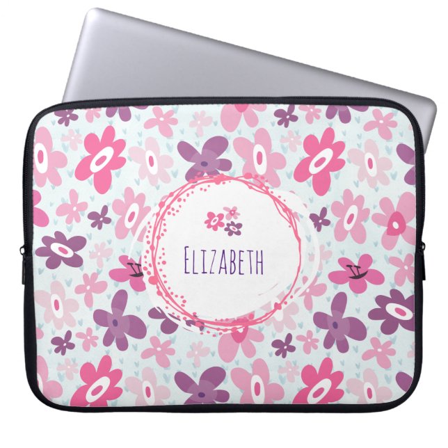 Pink Flowers and Blue Hearts Cute Whimsical Laptop Sleeve (Front)