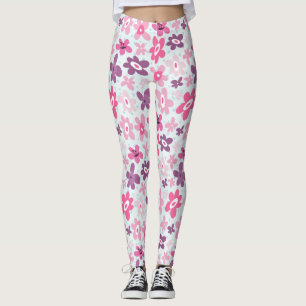 Pink Flowers and Blue Hearts Cute Whimsical Leggings