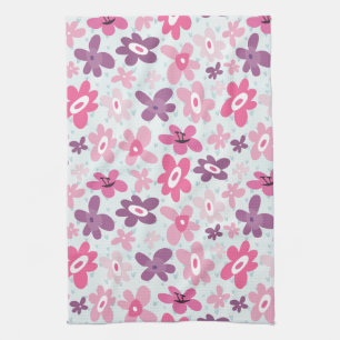 Pink Flowers and Blue Hearts Cute Whimsical Tea Towel