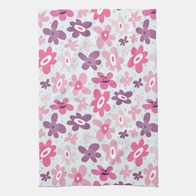 Pink Flowers and Blue Hearts Cute Whimsical Tea Towel (Vertical)