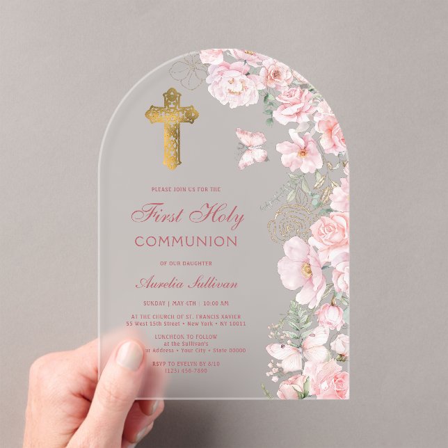 Pink Flowers and Butterflies Arch First Communion Acrylic Invitations (Insitu (Handheld))