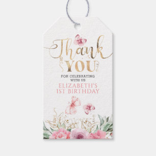 Pink Flowers and Butterflies Birthday Thank You Gift Tags