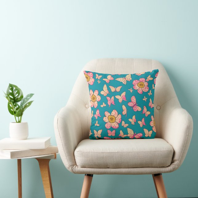 Pink Flowers and Butterflies Pattern Background Cushion (Chair)