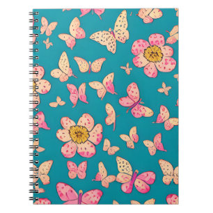 Pink Flowers and Butterflies Pattern Background  Notebook