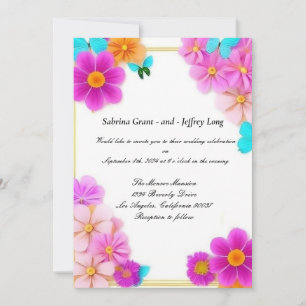 Pink Flowers and Butterflies Wedding Invitation