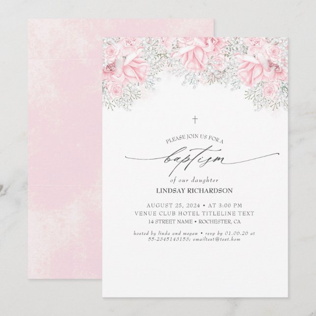 Pink Flowers and Cute Baby's Breath Girl's Baptism Invitation (Front/Back)
