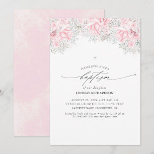 Pink Flowers and Cute Baby's Breath Girl's Baptism Invitation
