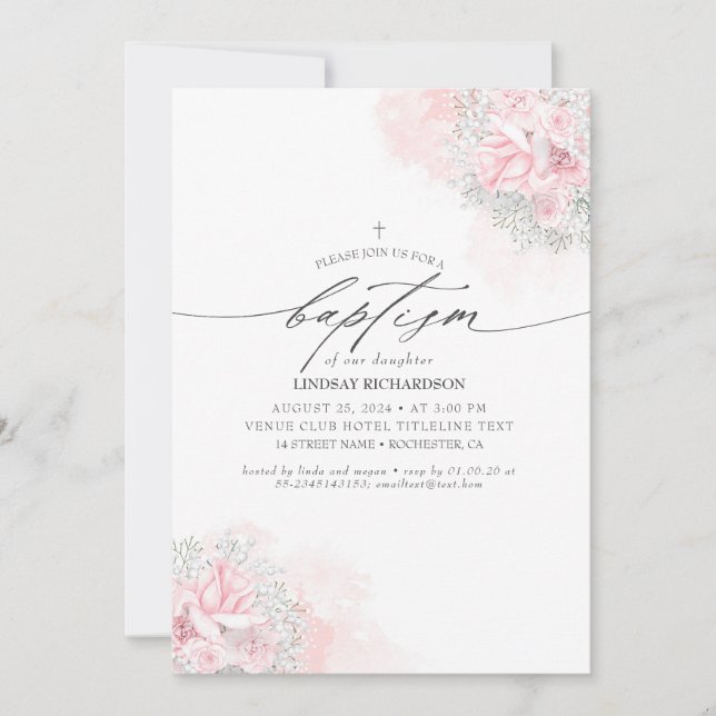 Pink Flowers and Cute Baby's Breath Girl's Baptism Invitation (Front)