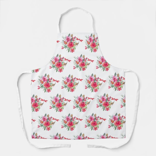 Pink flowers and dragonflies pattern  apron (Front)