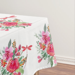 Pink flowers and dragonflies pattern tablecloth