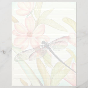 Pink flowers and dragonfly lined stationery paper