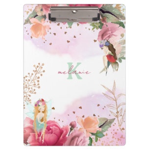 Pink Flowers And Fairies Girl Editable Clipboard