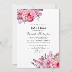 Pink flowers and feathers. Boho floral baptism Invitation