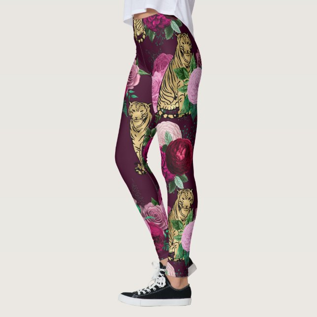 Pink Flowers and Gold Big Cats Print Workout Leggings (Left)
