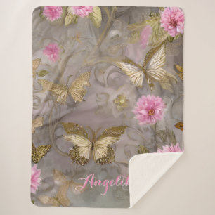 Pink Flowers and Gold Flowers Personalised Name Sherpa Blanket