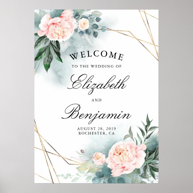 Pink Flowers and Gold Frame Wedding Welcome Sign (Front)