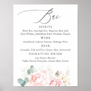 Pink Flowers and Gold Greenery Bar Menu Sign