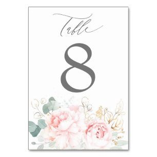 Pink Flowers and Gold Greenery Elegant Wedding Table Number