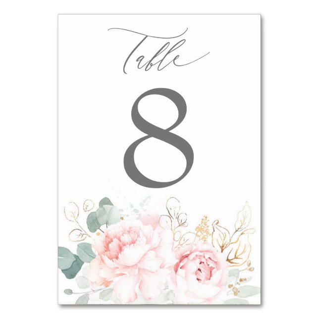 Pink Flowers and Gold Greenery Elegant Wedding Table Number (Back)