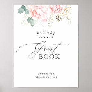 Pink Flowers and Gold Greenery Guest Book Sign