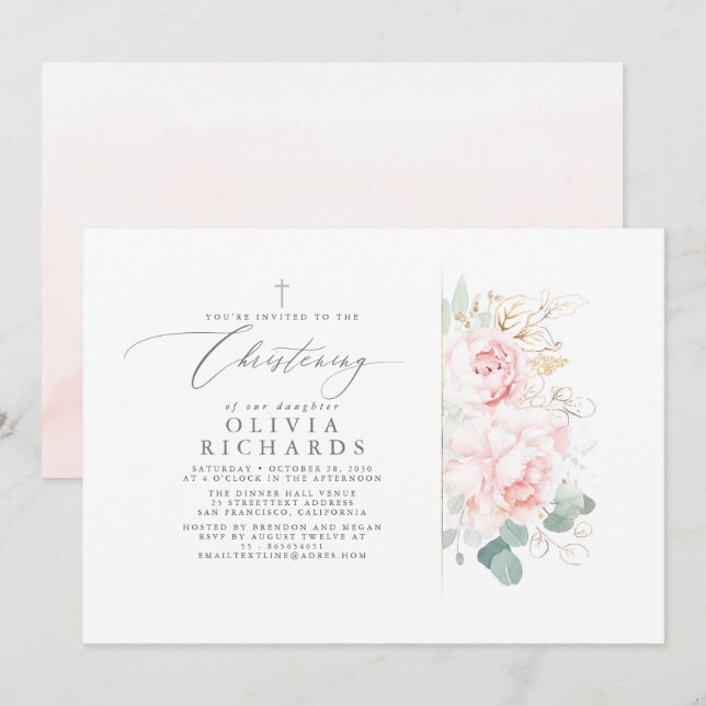 Pink Flowers and Gold Greenery Leaves Christening Invitation (Front/Back)