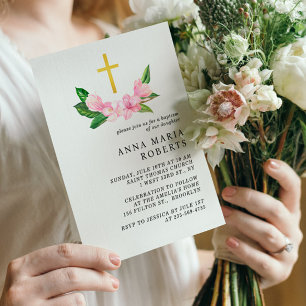 Pink Flowers and Gold Gross Girl Baptism  Invitation