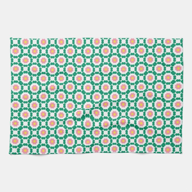 Pink flowers and green dots tea towel (Horizontal)