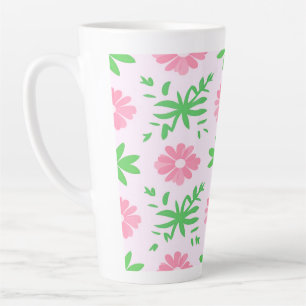 Pink flowers and green leaves seamless pattern latte mug