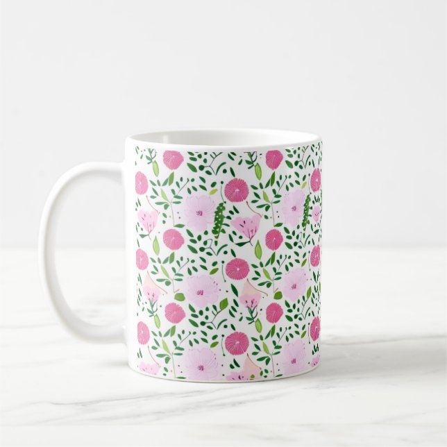 Pink Flowers and Green Vines Pattern  Coffee Mug (Left)