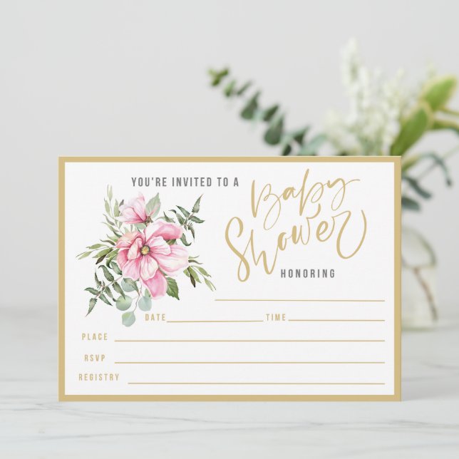 Pink Flowers and Greenery Baby Shower Fill In Invitation (Standing Front)