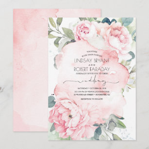 Pink Flowers and Greenery Elegant Vintage Wedding Invitation