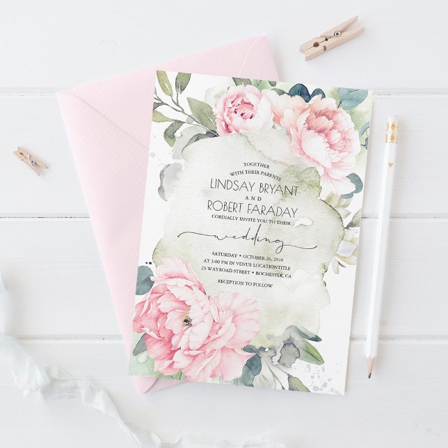 Pink Flowers and Greenery Elegant Vintage Wedding Invitation (Creator Uploaded)