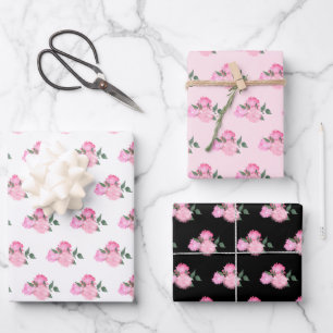 Pink Flowers and Greenery Pattern Wrapping Paper Sheet