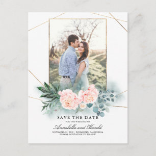 Pink Flowers and Greenery Photo Save the Date Announcement Postcard