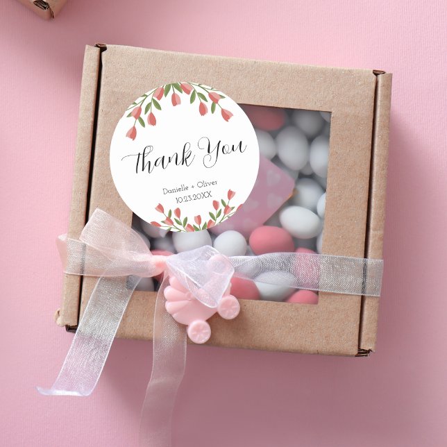 Pink Flowers and Greenery Thank You  Classic Round Sticker (Creator Uploaded)