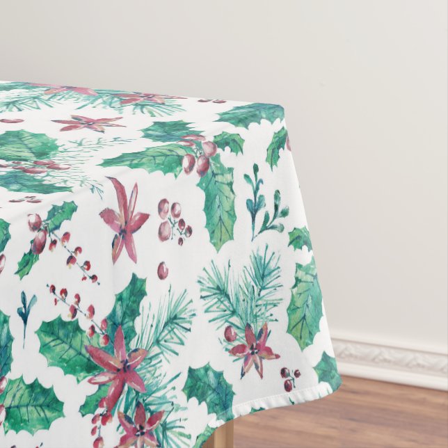 Pink Flowers and Holly Berries Tablecloth (In Situ)