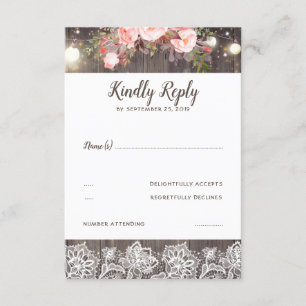 Pink Flowers and Lace Rustic RSVP Card