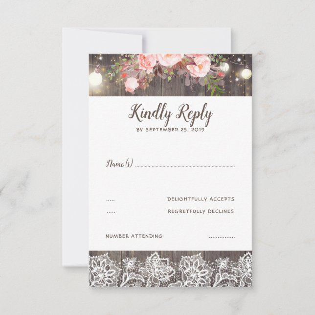 Pink Flowers and Lace Rustic RSVP Card (Front)