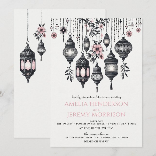 Pink Flowers and Lanterns Details Wedding Invitation (Front/Back)