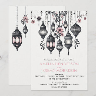 Pink Flowers and Lanterns Details Wedding Invitation