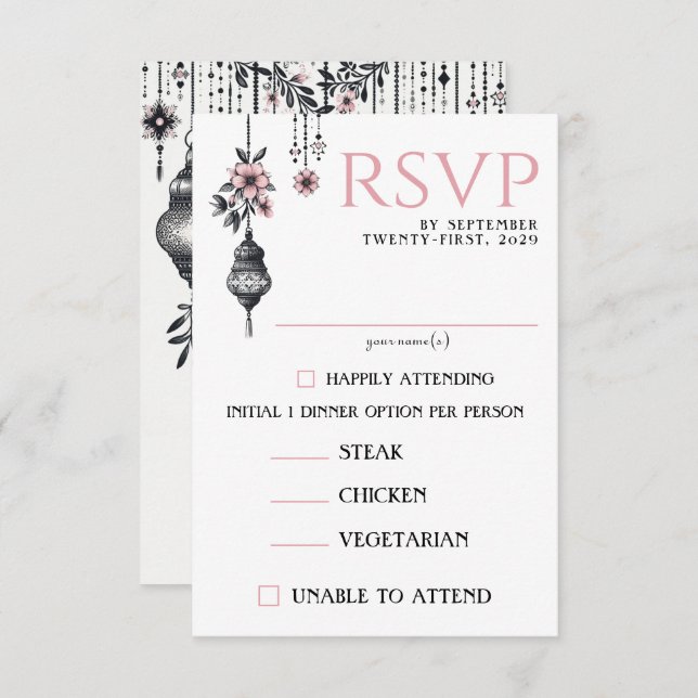 Pink Flowers and Lanterns Food Choices RSVP Card (Front/Back)
