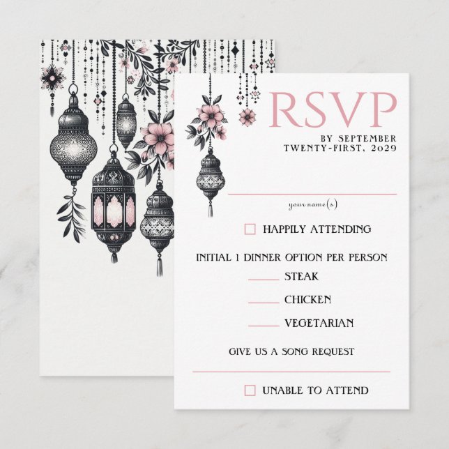 Pink Flowers and Lanterns Food Choices RSVP Card (Front/Back)