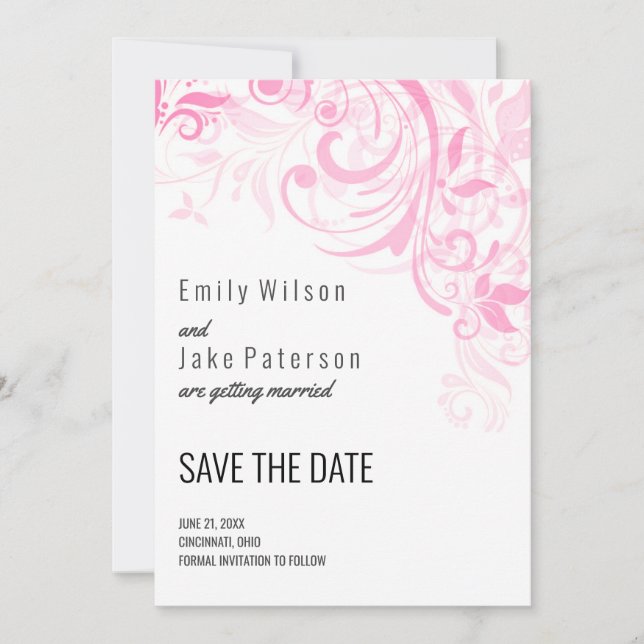 Pink flowers and leaves save the date (Front)