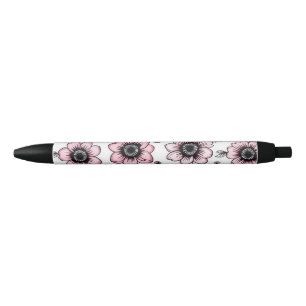 Pink flowers and leaves sketch design black ink pen
