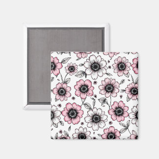 Pink flowers and leaves sketch design magnet