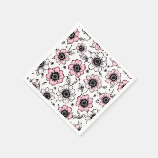 Pink flowers and leaves sketch design napkin