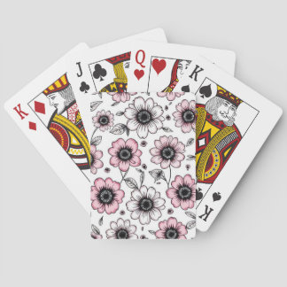 Pink flowers and leaves sketch design playing cards
