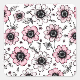 Pink flowers and leaves sketch design square sticker